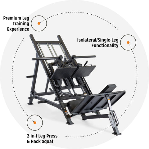 Bells of steel leg press hack squat machine diagram image with features on grey background