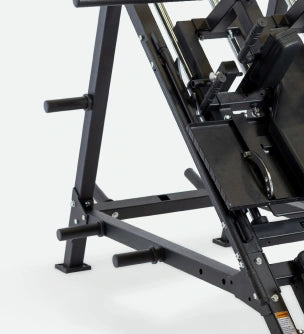 bells of steel hack squat machine with plate storage shown off in close up