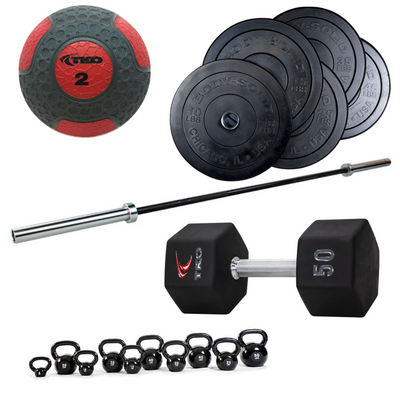 Free Weights Collections Of Weight Plates, barbell, dumbbell, kettlebell, and med ball.