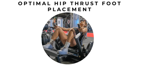 Hip thrust foot placement with circular image on woman using hip thrust machine wearing white shoes