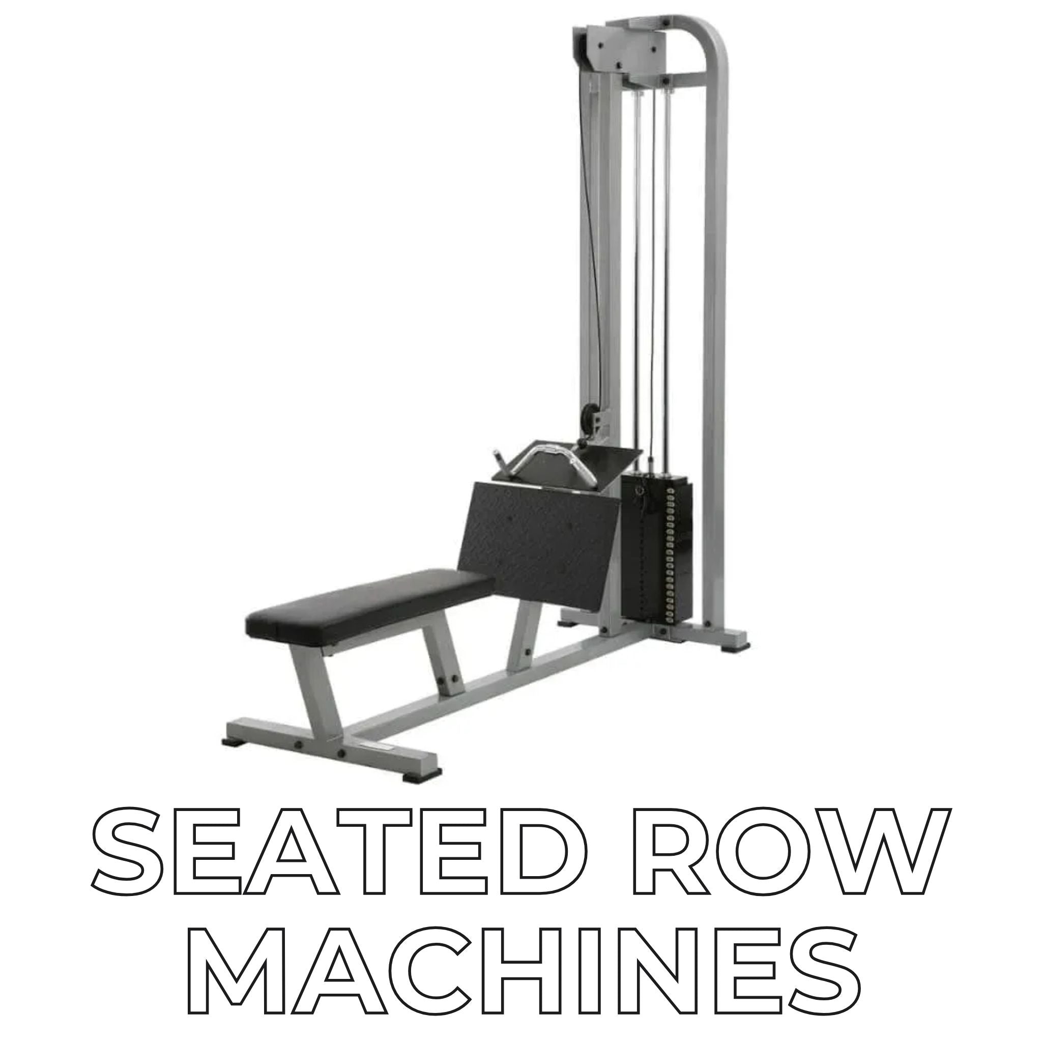 Seated row machine white background with text.
