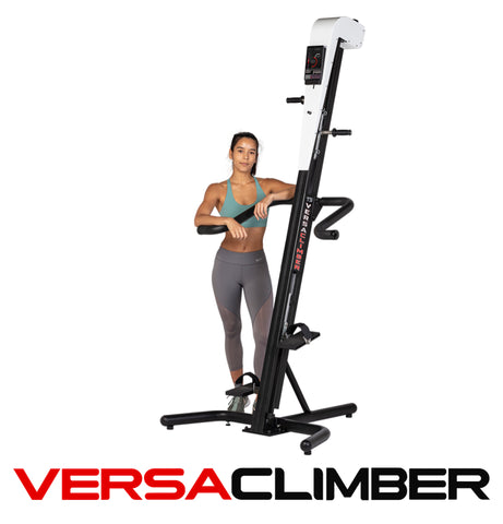 Versaclimber with text and a woman posing on the machine