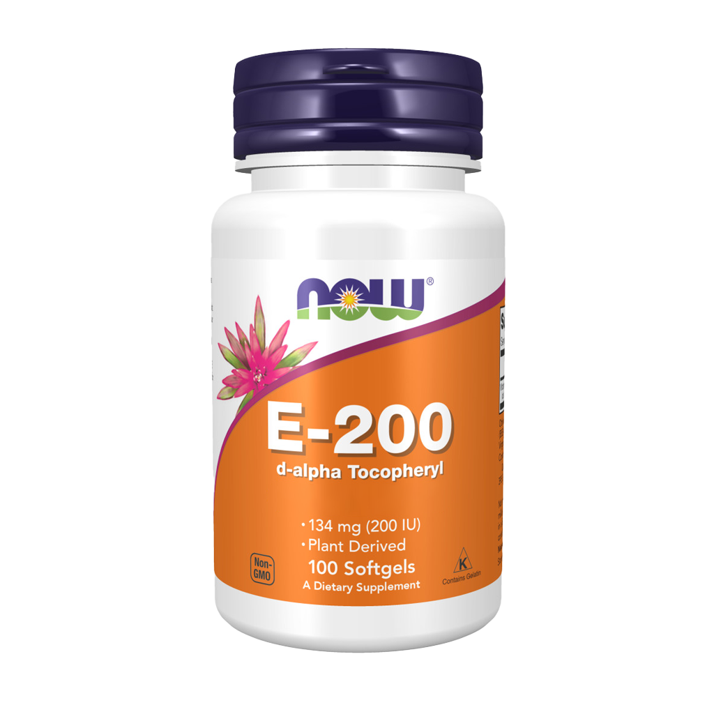 NOW Foods Vitamin E-200 D-alpha-tocopheryl (100 softgels) Front cover