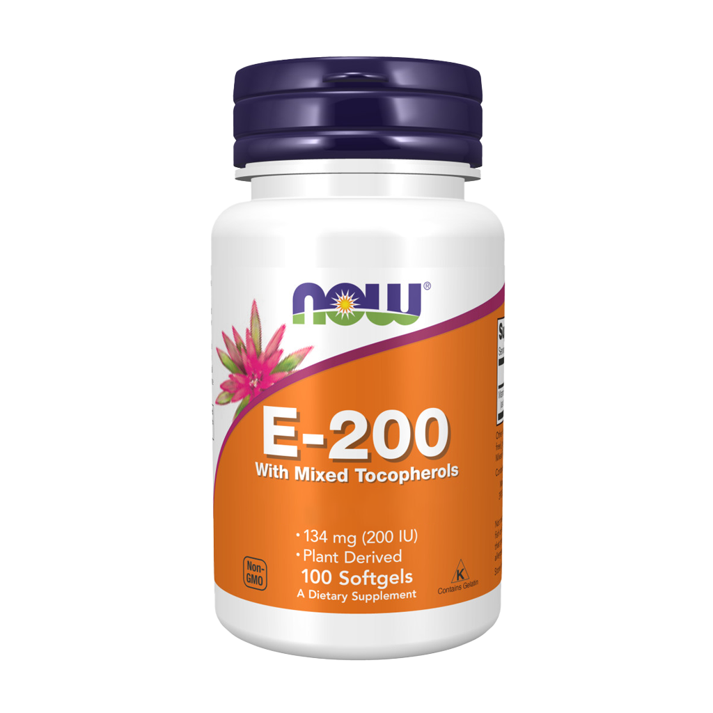 NOW Foods Vitamin E-200 with mixed tocopherols (100 softgels) Front cover