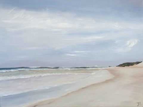 Seascape painting of beach with sand dune in distance