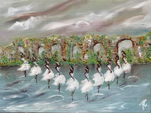 Painting of corps de ballet in white romantic tutus placed in V-formation against overgrown ruined archways