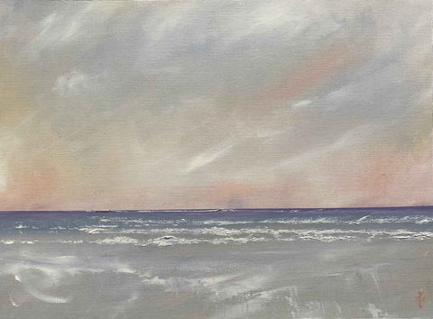 Seascape painting with soft pink and lilac hues