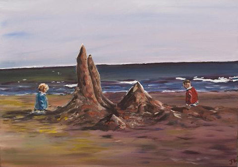 Seascape painting of children on beach building a sandcastle