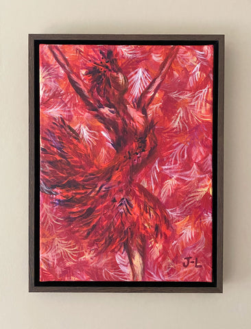 Framed red painting of firebird ballerina