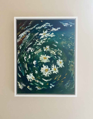 Framed painting of swirling daisies