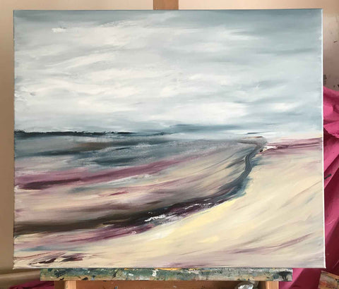 Seascape underpainting on easel