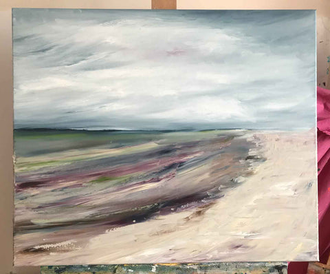 Seascape painting in progress, early layers