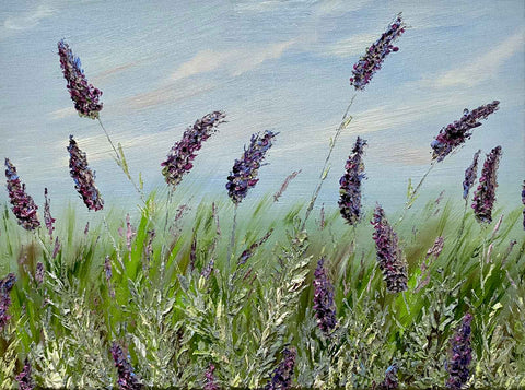 Textured lavender painting – blooms and foliage against blue sky