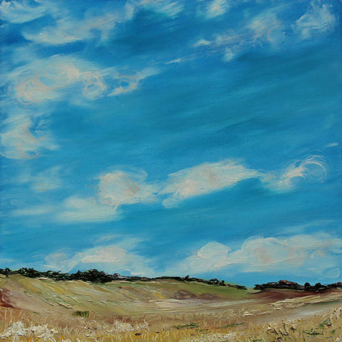 Square oil painting of fields on hillside under blue skies