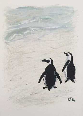 Painting of two penguins on beach in portrait format