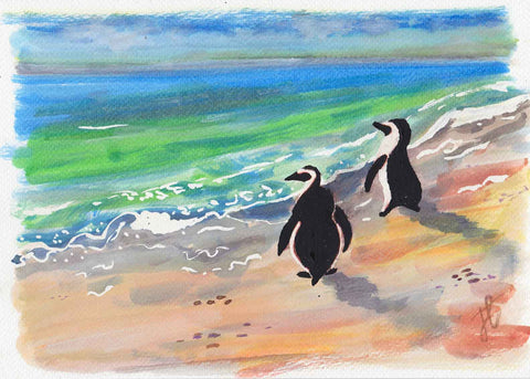 Watercolour painting of penguins on beach