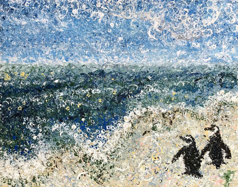 Textured painting of penguins on beach with surface of layering rings