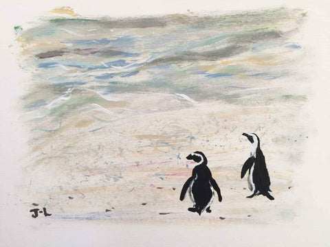 Painting of two penguins on beach