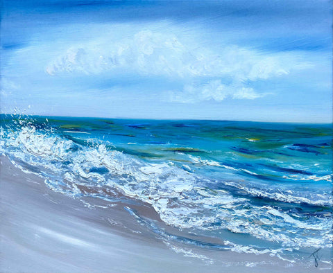 Seascape oil painting with textured wave breaking on the beach