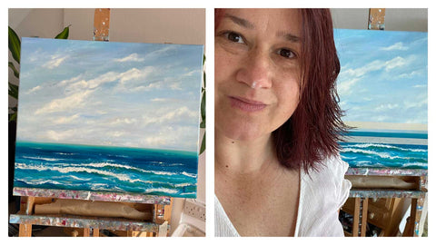 Two images of painting in studio on easel, one with artist in foreground