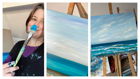 trio of images of seascape painting in progress and artist with paintbrush