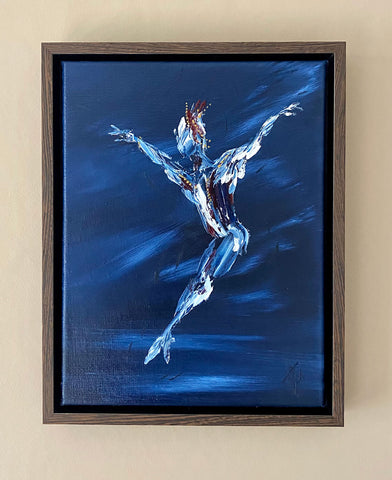 Framed painting of stylised danseur mid leap