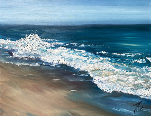 Textured oil painting of wave breaking on beach