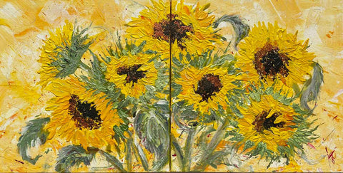 Diptych painting of sunflowers comprising two square panels