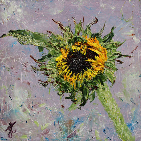 Textured painting of partially open sunflower