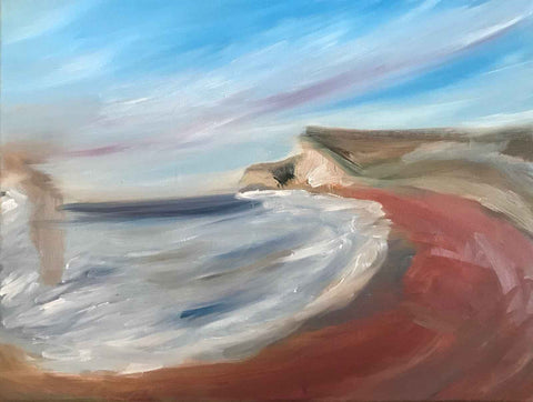 Seascape painting in progress with beach and landmarks