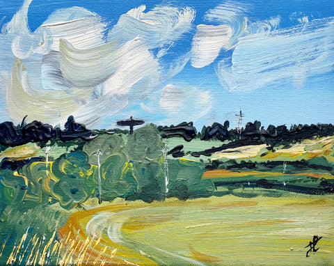 Landscape painting of the Angel of the North presiding over green and gold fields.