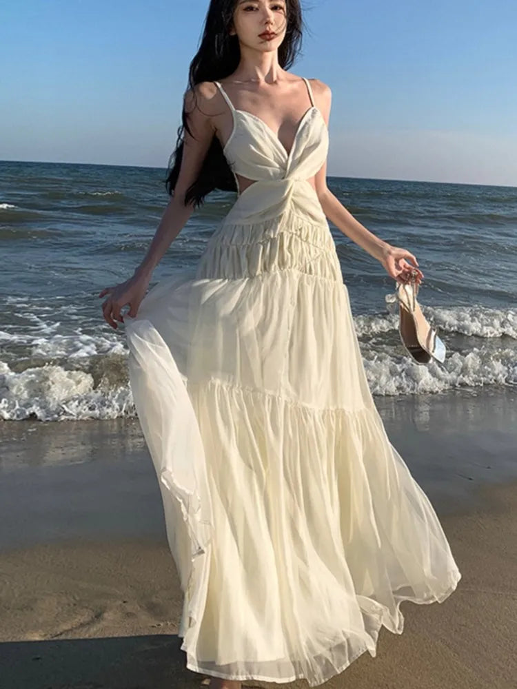 Girlfairy Women Beige Sexy Club Backless Pleated Slip Dress Summer Elegant V-neck Slim Lace Up Sleeveless Evening Party Fairy Long Dresses