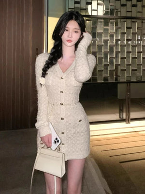 Girlfairy French Elegant Slim Knitted Dress Short Party One Piece Dress Korean Fashion 2023 Winter Sexy Bodycon Y2k Mini Dress Woman Chic - Girlfairy