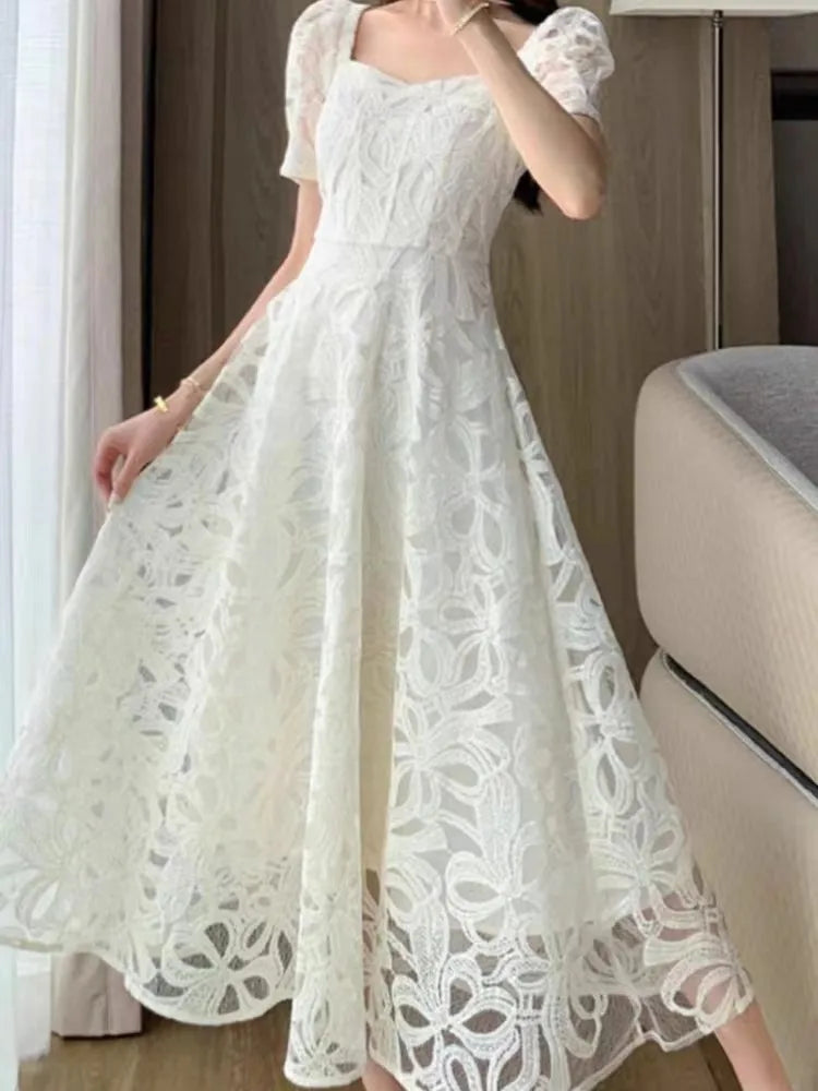 Girlfairy Women Spring French Elegant Short Sleeve Square Collar Lace High Waist Dress Slim Sweet Solid Dress Evening Party