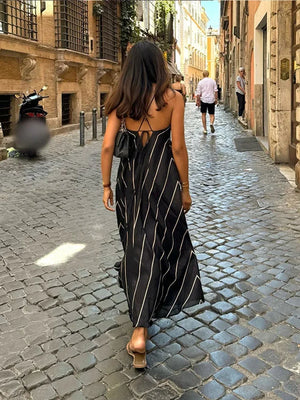 Girlfairy Sexy Striped Lace Up Backless V-neck Sling Dress Fashion Women's Sleeveless High Waisted Long Dresses Summer Casual Office Robe - Girlfairy