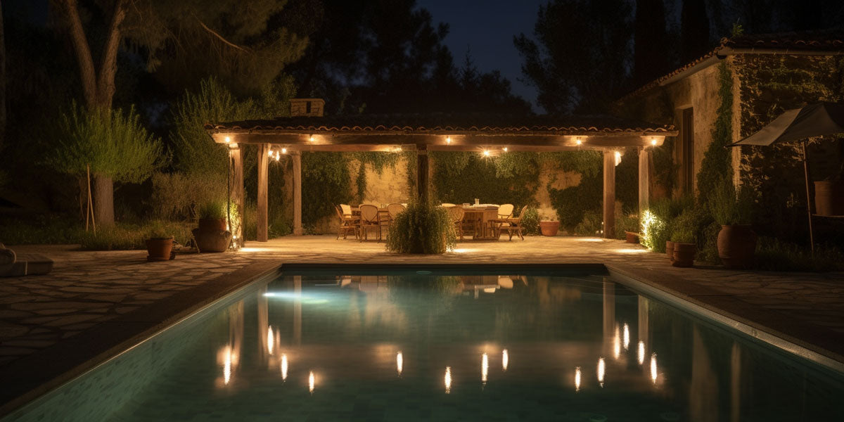 Éclairage d'un pool house avec grande piscine de nuit pergolas en bois