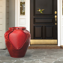 OUTDOOR GLAZED POT FLOOR FOUNTAIN WITH LED LIGHTS, RED