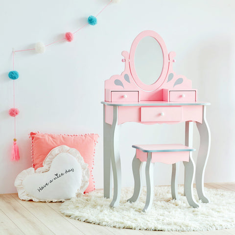 Pink and Grey Rapunzel Kids Play Vanity with matching stool. Fantasy Fields by Teamson kids