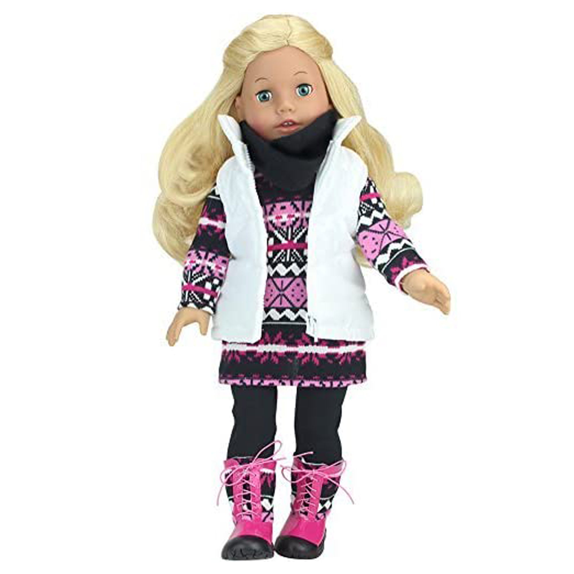  Sophia's Winter Outfit 4 Piece Set with Knit Print Sweater,  Black Leggings, White Quilted Vest, and Blue and Black Print Winter Boots  for 18 Dolls, Blue : Toys & Games