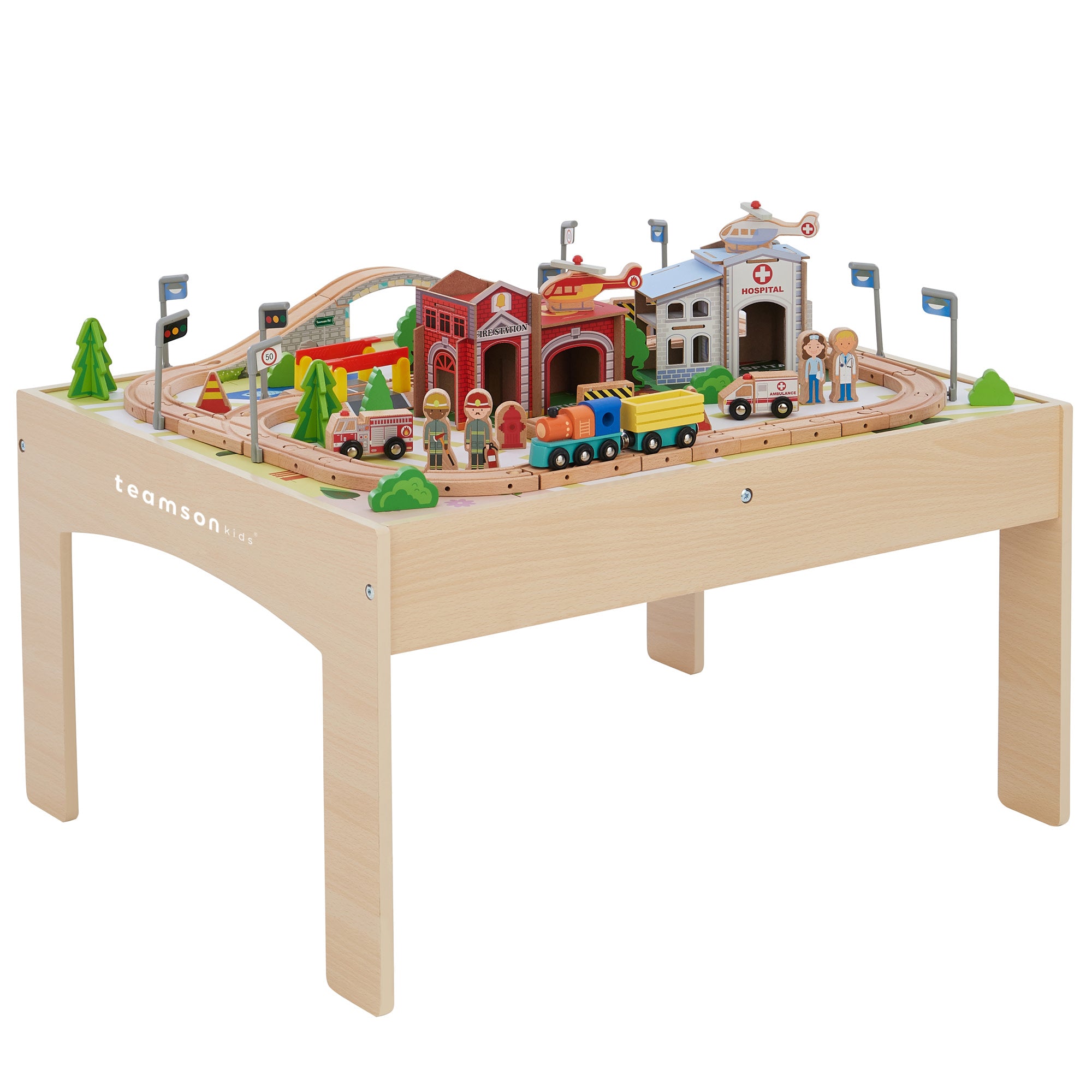 Teamson Kids Preschool Play Lab Toys Wooden Table with 85-pc Train and Town Set, Natural