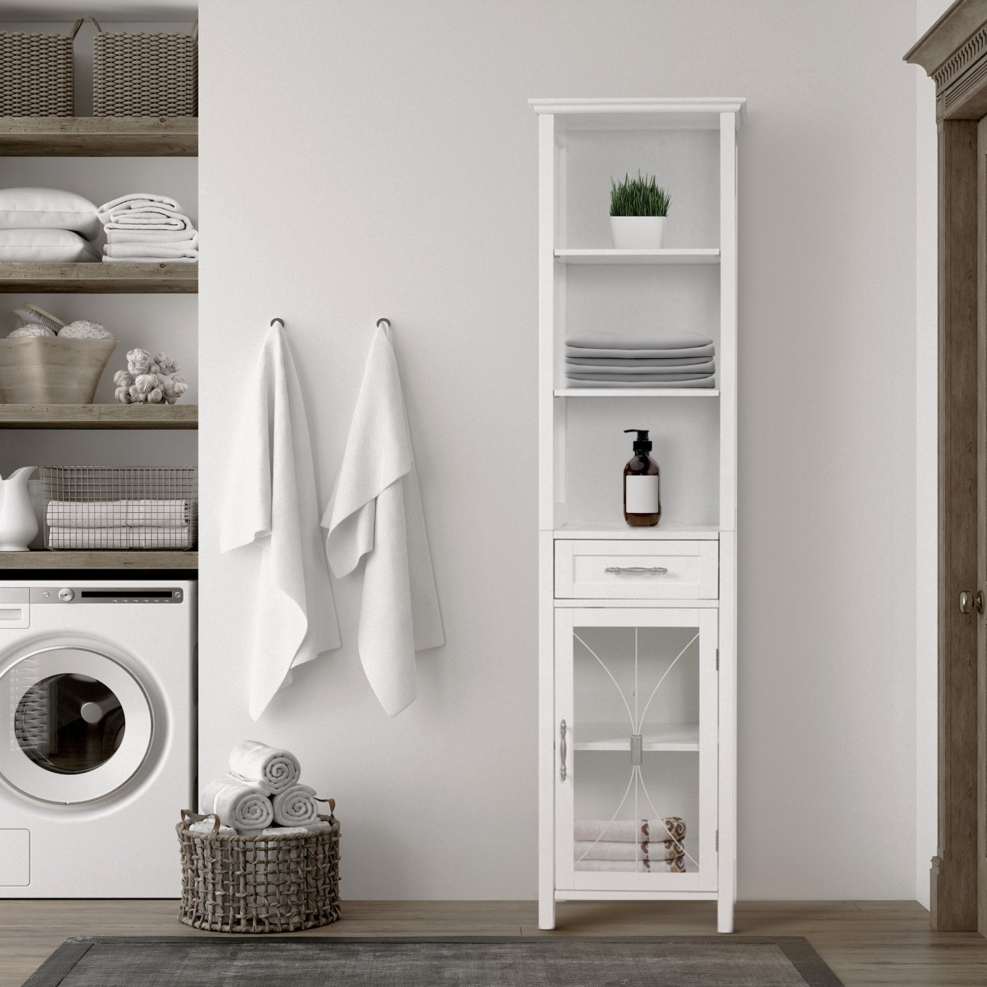 Tall Bathroom Storage Cabinet Home 64” Height Freestanding Linen Tower  Cabinet