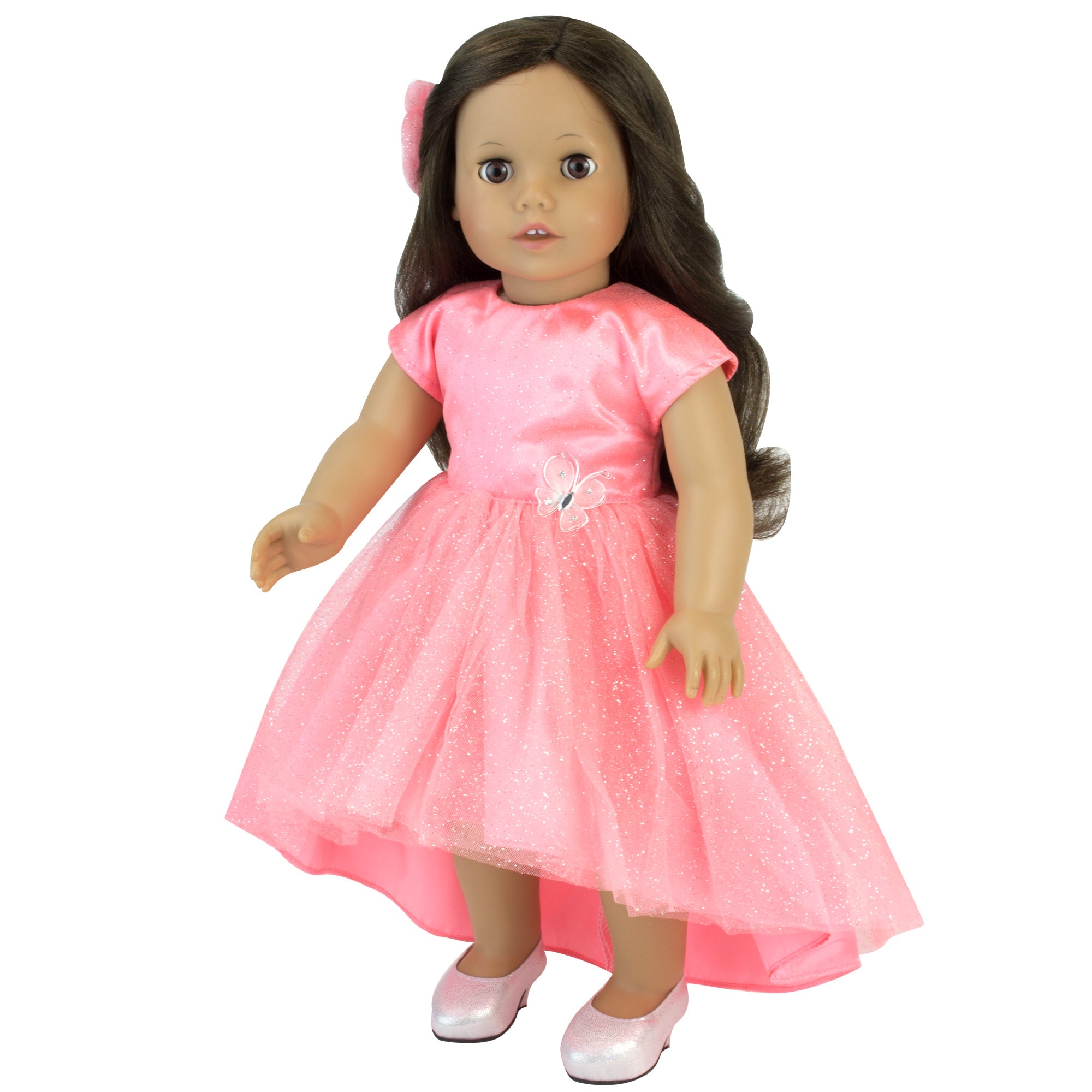  Sophia's Striped Dress with Tulle, Glitter Leggings, Hair  Accessory and Jeweled Ballet Flats Shoes for 18 Inch Dolls, Gray/Pink