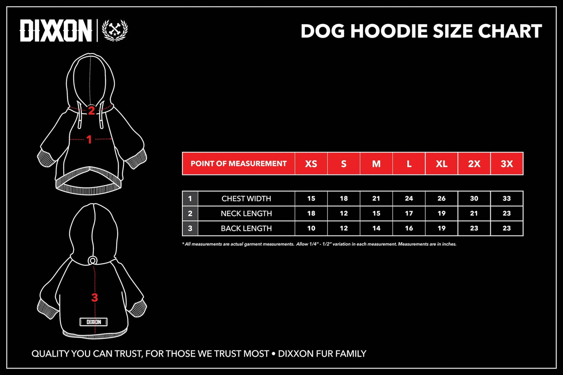 Dog Hoodies Size Guide