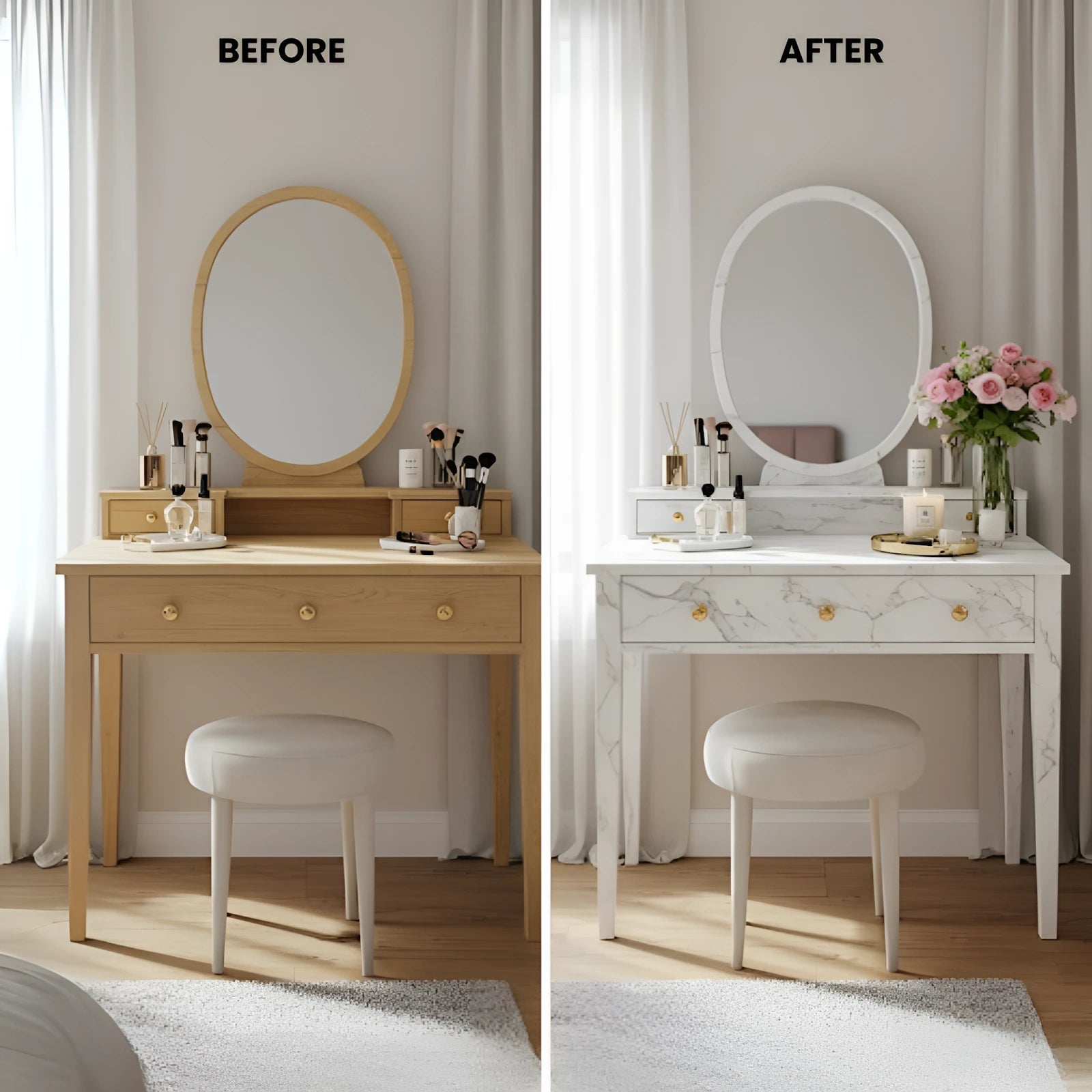 Before and after images of a vanity transformed with marble-effect vinyl, styled with candles, mascara wands and floral vase.