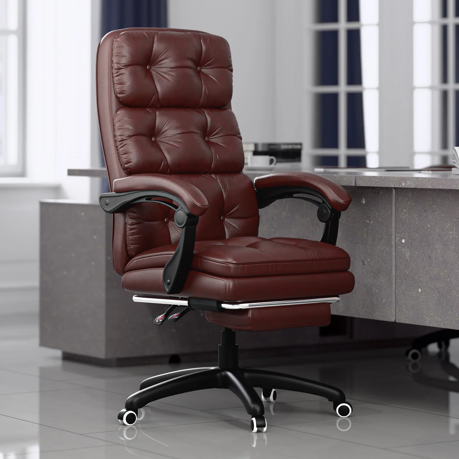 Ergonomic executive chair with footrest, padded armrest, and reclining feature, placed in a modern office space.