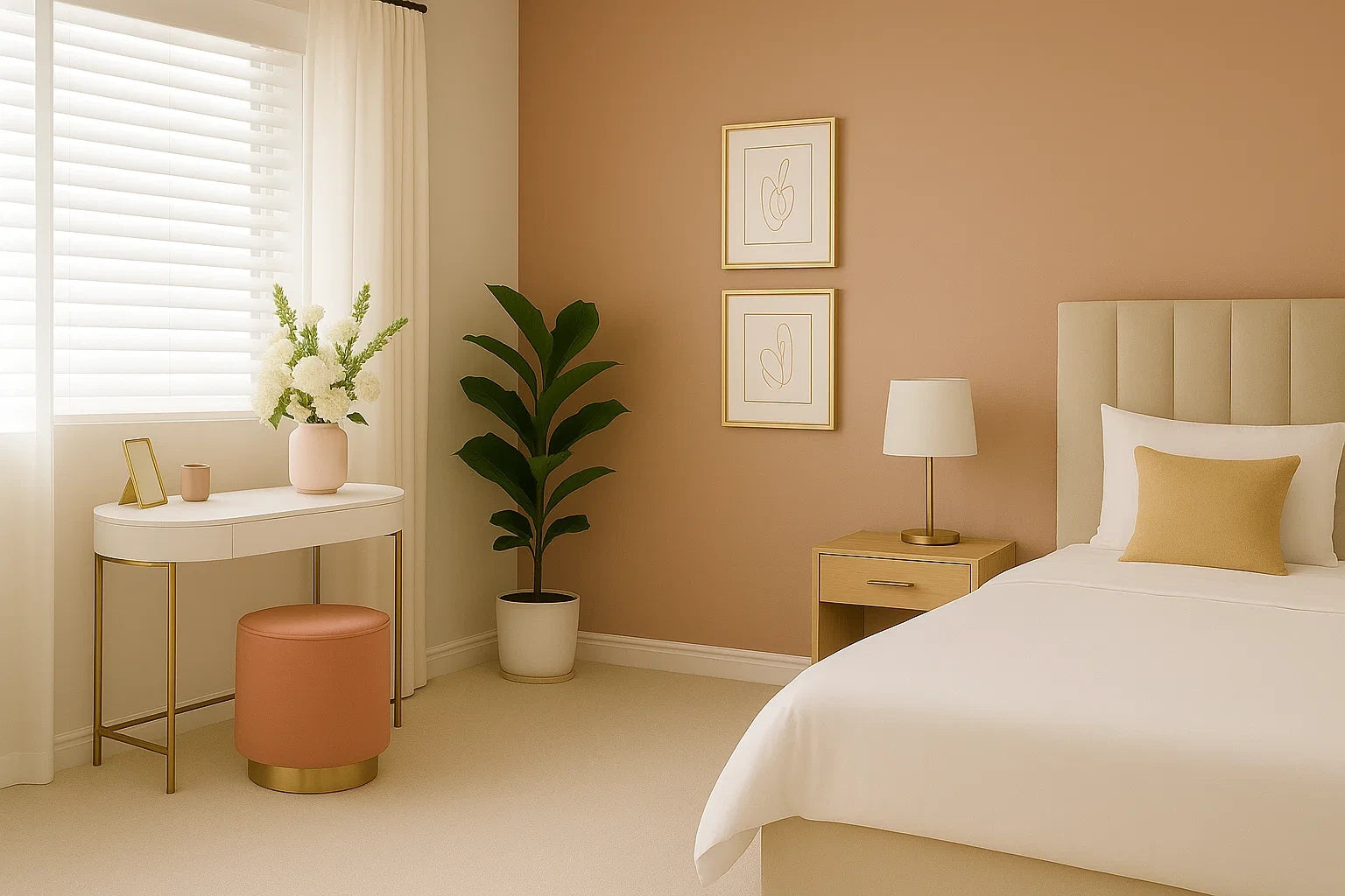 A vanity table with mirror and stool tucked under a bright window in a Scandinavian-style minimalistic bedroom.