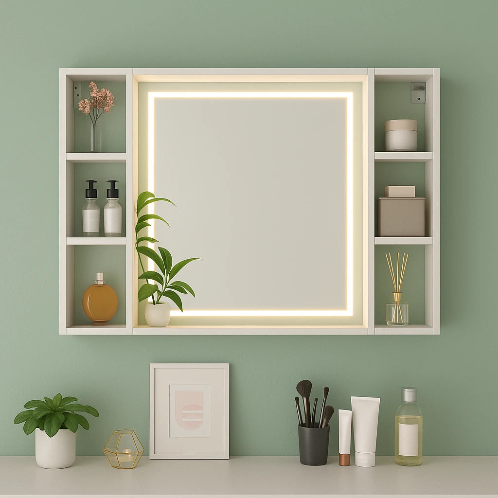 Scandi-chic styled, space-saving vanity unit with mirror and open shelves over a chest of drawers.