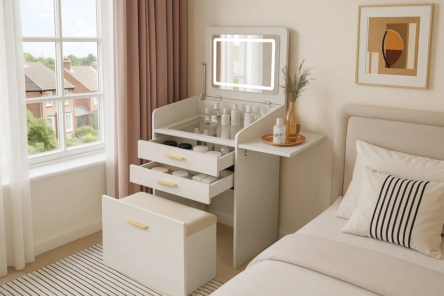 Chic styled small dressing table with drawers and ottoman stool paired with neatly stored beauty products in a compact space.