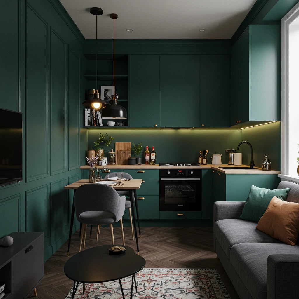 Open-plan small kitchen with deep green cabinets, a square dining table with grey chairs, pendant lights, and a grey sofa.