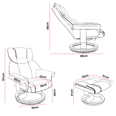 Swivel Recliner Chair With Footstool in blue leather with ergonomic design, padded armrests, and circular base. Includes matching footstool.